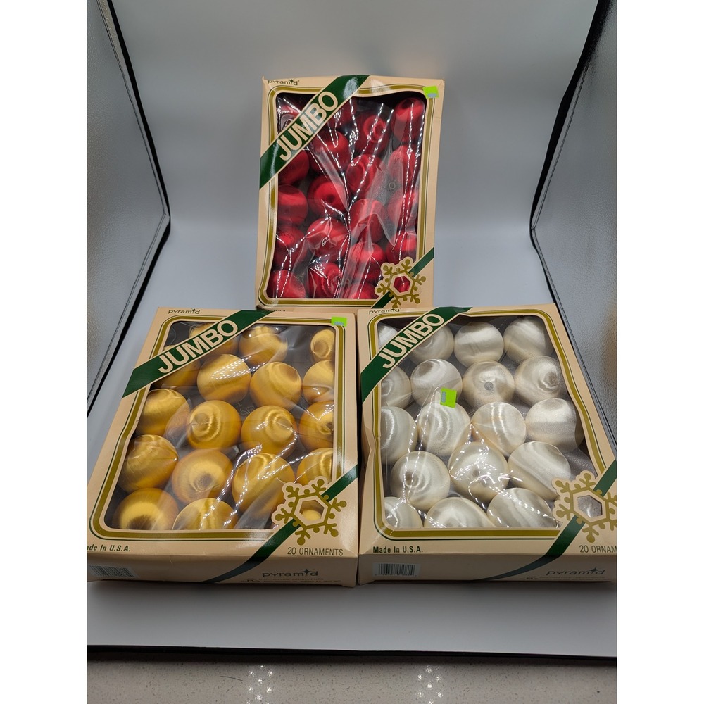 Pyramid Christmas Ornaments Red Gold White Satin Jumbo Vintage Set